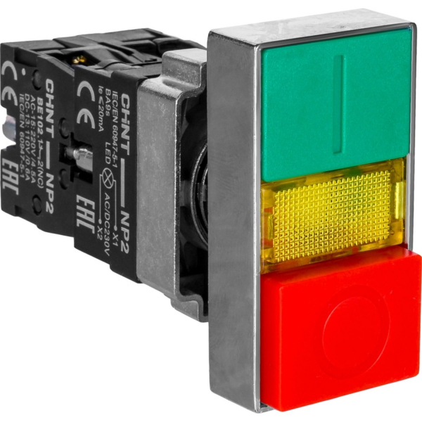 Двойная кнопка NP2-EW8465 черный корпус, 1НО+1НЗ, AC/DC220В (LED), IP40 (R) (кратно 10)