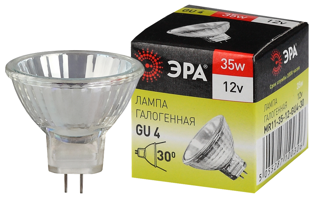 Лампочка галогенная ЭРА GU4-MR11-35W-12V-30CL GU4 35Вт софит теплый белый свет