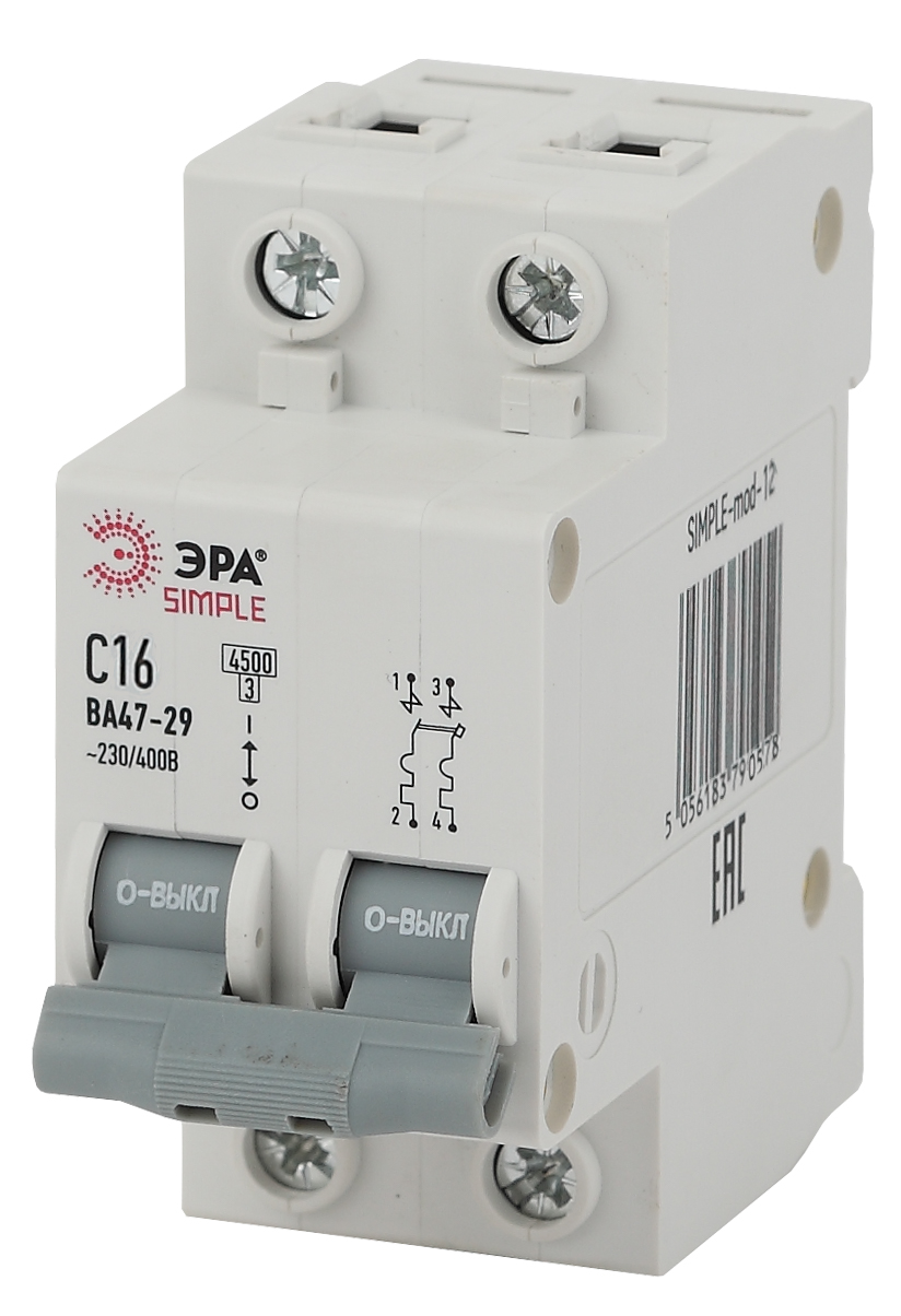 Автоматический выключатель ЭРА SIMPLE SIMPLE-mod-12 ВА 47-29 2P 16А кривая С 4,5кА
