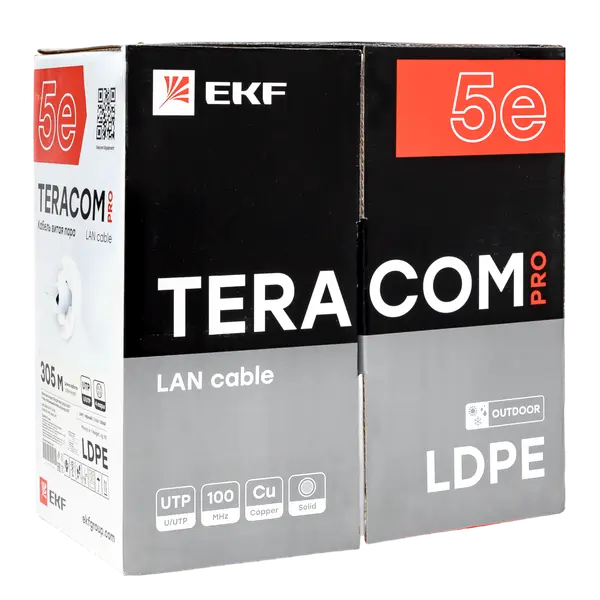 Кабель витая пара TERACOM PRO Cat.5E U/UTP 4 пары solid внешний 24AWG оболочка LDPE цвет черный (упак. 305м) Кабель витая пара TERACOM PRO Cat.5E U/UTP 4 пары solid внешний 24AWG оболочка LDPE цвет черный (упак. 305м)