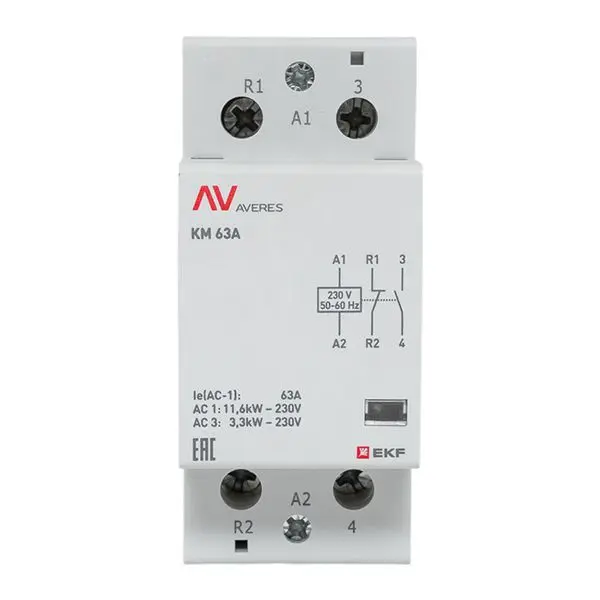 Контактор модульный КМ 63А 1NC+1NO 230VAC (2 мод.) AVERES EKF Контактор модульный КМ 63А 1NC+1NO 230VAC (2 мод.) AVERES EKF