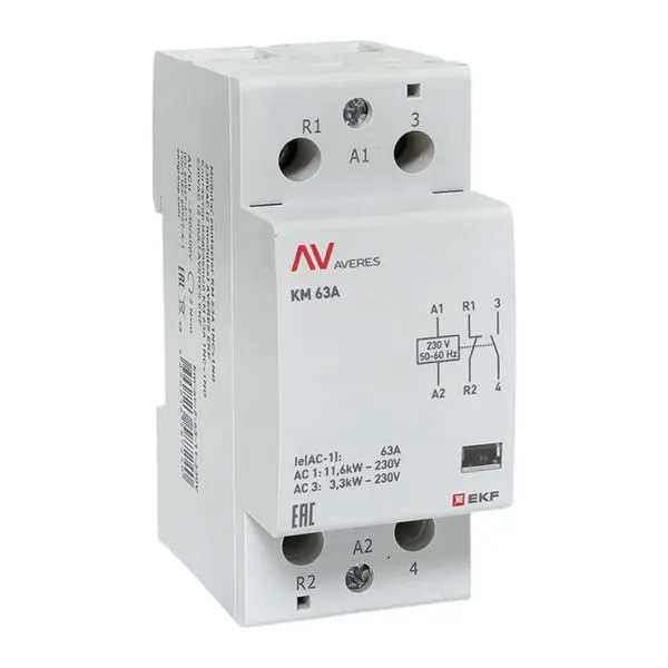 Контактор модульный КМ 63А 1NC+1NO 230VAC (2 мод.) AVERES EKF Контактор модульный КМ 63А 1NC+1NO 230VAC (2 мод.) AVERES EKF