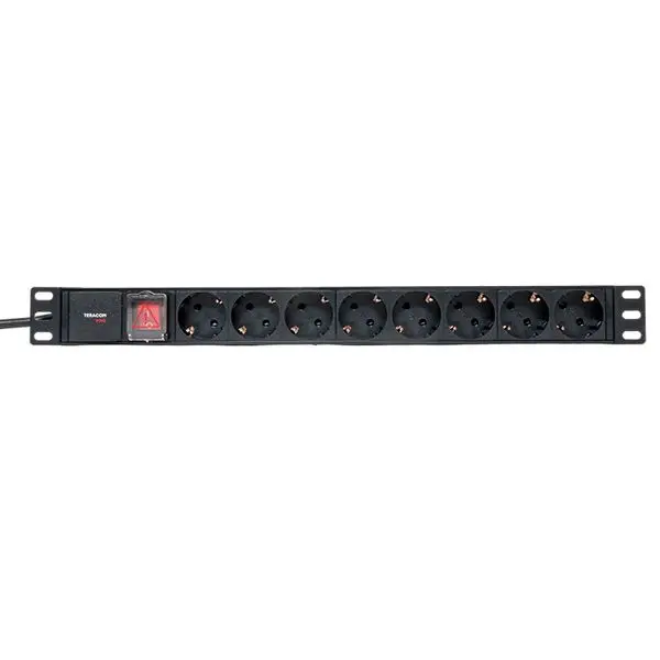 Блок розеток PDU TERACOM PRO 19" 1U 16А/250В 8 розеток Schuko с выключателем шнур питания длиной 2 метра сечение 3x1,5 мм2 вилка Schuko корпус пластик черный