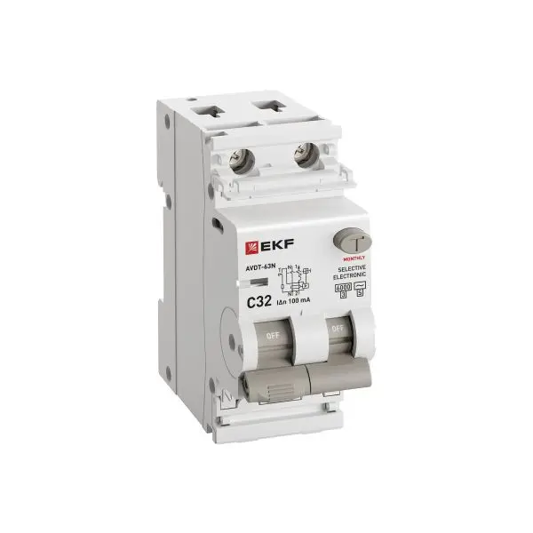 Автоматический выключатель дифференциального тока селективный АВДТ-63N (S) 1P+N 32А 100мА характеристика C тип AC электронный 6кА PROXIMA EKF