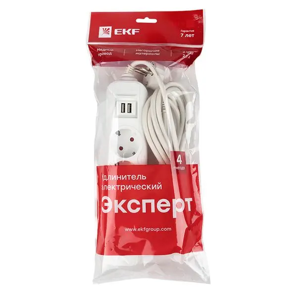 Удлинитель "Эксперт" 4 гнезда 5 метров 13А/3,0кВт с 2 USB 2,1А ПВС 3х1 EKF PROxima Удлинитель "Эксперт" 4 гнезда 5 метров 13А/3,0кВт с 2 USB 2,1А ПВС 3х1 EKF PROxima