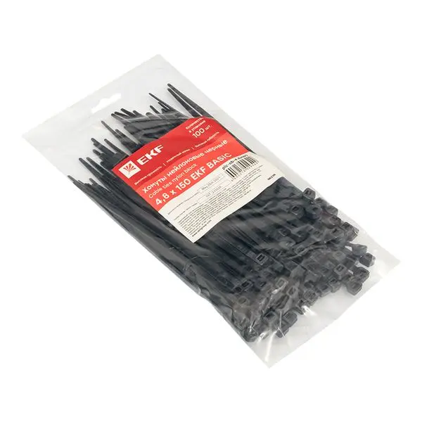 Хомут нейлоновый черный (4,8х150) (100шт.) EKF Basic Хомут нейлоновый черный (4,8х150) (100шт.) EKF Basic