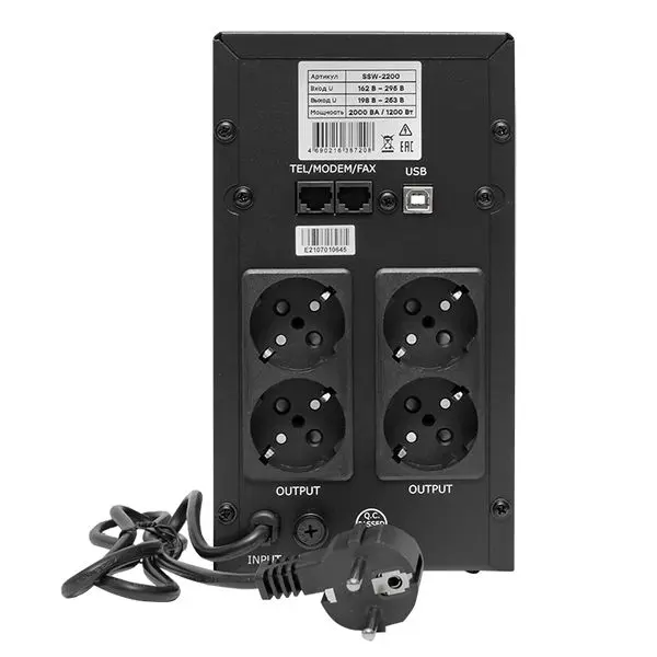 Источник Бесперебойного питания Линейно-интерактивный E-Power SSW 200 2000 ВА 1200Вт, 4хSchuko, USB ,R45 Источник Бесперебойного питания Линейно-интерактивный E-Power SSW 200 2000 ВА 1200Вт, 4хSchuko, USB ,R45