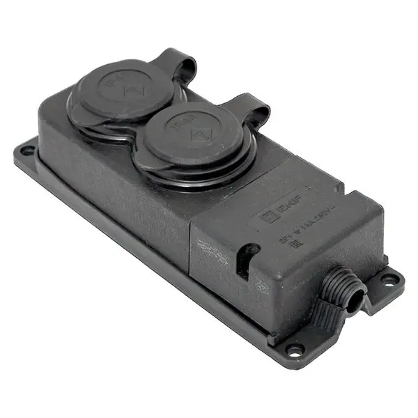 Роз. (колодка) двухмест. с защит. крышками каучуковая 230В 2P+PE 16A IP44 EKF PRO Роз. (колодка) двухмест. с защит. крышками каучуковая 230В 2P+PE 16A IP44 EKF PRO