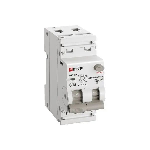 Автоматический выключатель дифференциального тока АВДТ-63N 1P+N 16А 30мА характеристика C тип A электромеханический 6кА PROXIMA EKF Автоматический выключатель дифференциального тока АВДТ-63N 1P+N 16А 30мА характеристика C тип A электромеханический 6кА PROXIMA EKF