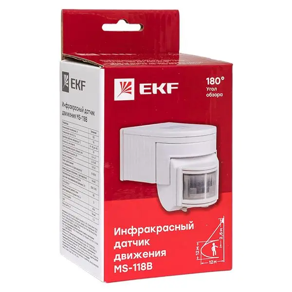ИК датчик движения наст. 1200Вт 180гр. до 12м IP44 MS-118B EKF PROxima ИК датчик движения наст. 1200Вт 180гр. до 12м IP44 MS-118B EKF PROxima