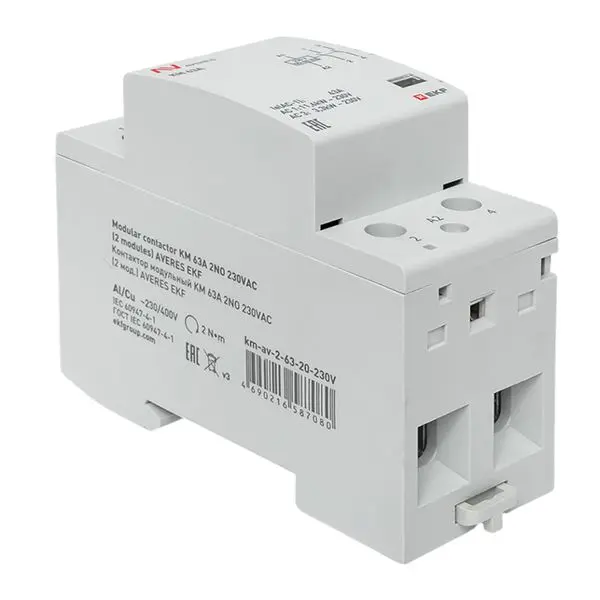 Контактор модульный КМ 63А 2NО 230VAC (2 мод.) AVERES EKF Контактор модульный КМ 63А 2NО 230VAC (2 мод.) AVERES EKF