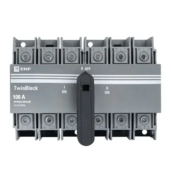 Рубильник 100A 3P реверсивный c рукояткой для прямой установки TwinBlock EKF Рубильник 100A 3P реверсивный c рукояткой для прямой установки TwinBlock EKF