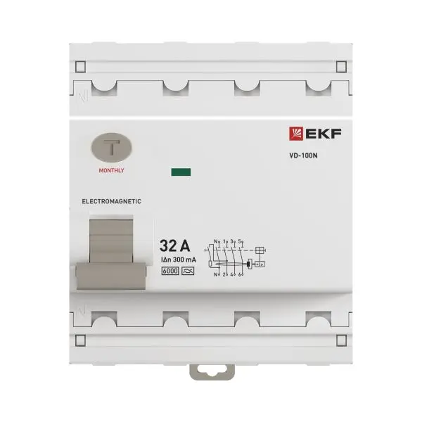 Выключатель дифференциального тока ВД-100N 4P 32А 300мА A эл-мех 6кА PROXIMA EKF Выключатель дифференциального тока ВД-100N 4P 32А 300мА A эл-мех 6кА PROXIMA EKF