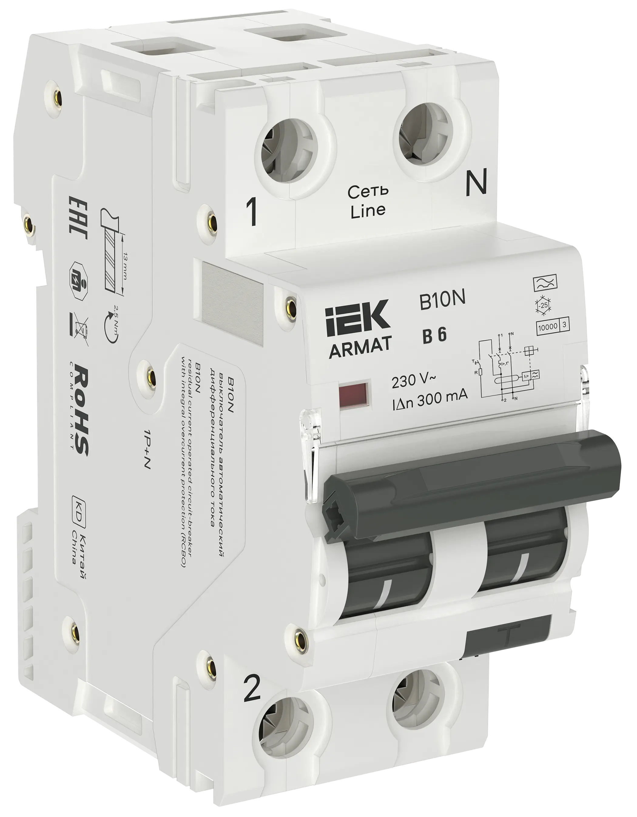 ARMAT Автоматический выключатель дифференциального тока B10N 1P+NP B6 300мА тип A (36мм) IEK