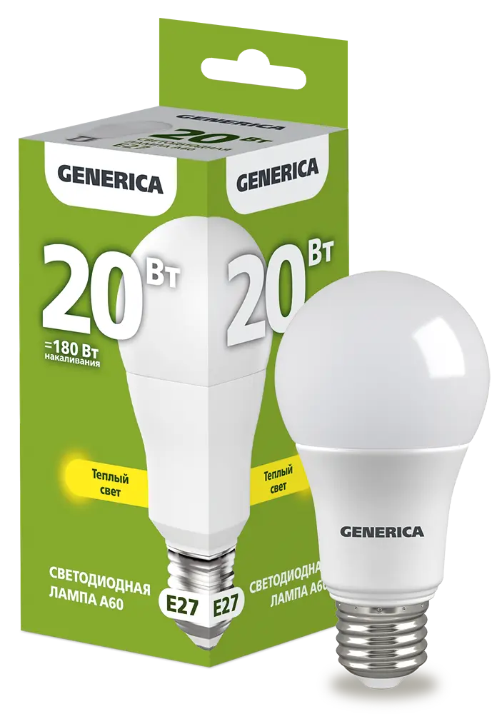 Лампа светодиодная A60 груша 20Вт 230В 3000К E27 GENERICA