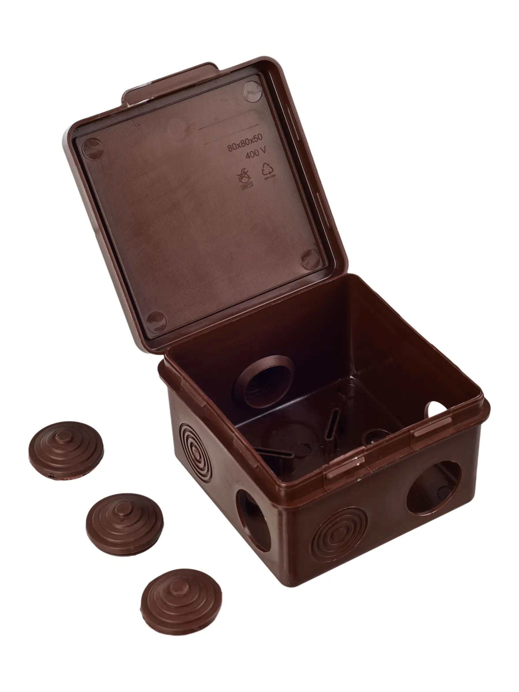 Коробка распаячная КМ для открытой проводки с откидной крышкой 80х80х50мм IP54 7 гермовводов дуб IEK Коробка распаячная КМ для открытой проводки с откидной крышкой 80х80х50мм IP54 7 гермовводов дуб IEK