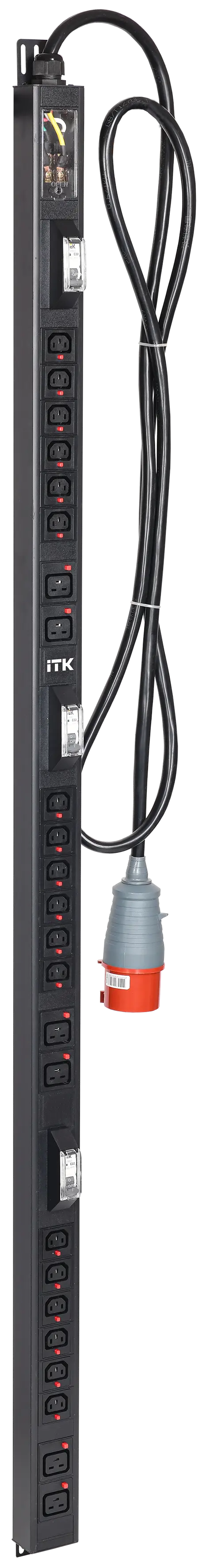 ITK BASE PDU вертикальный PV1113 38U 3 фазы 32А 18 розеток C13 + 6 розеток C19 кабель 3м вилка IEC60309 (промышленная)