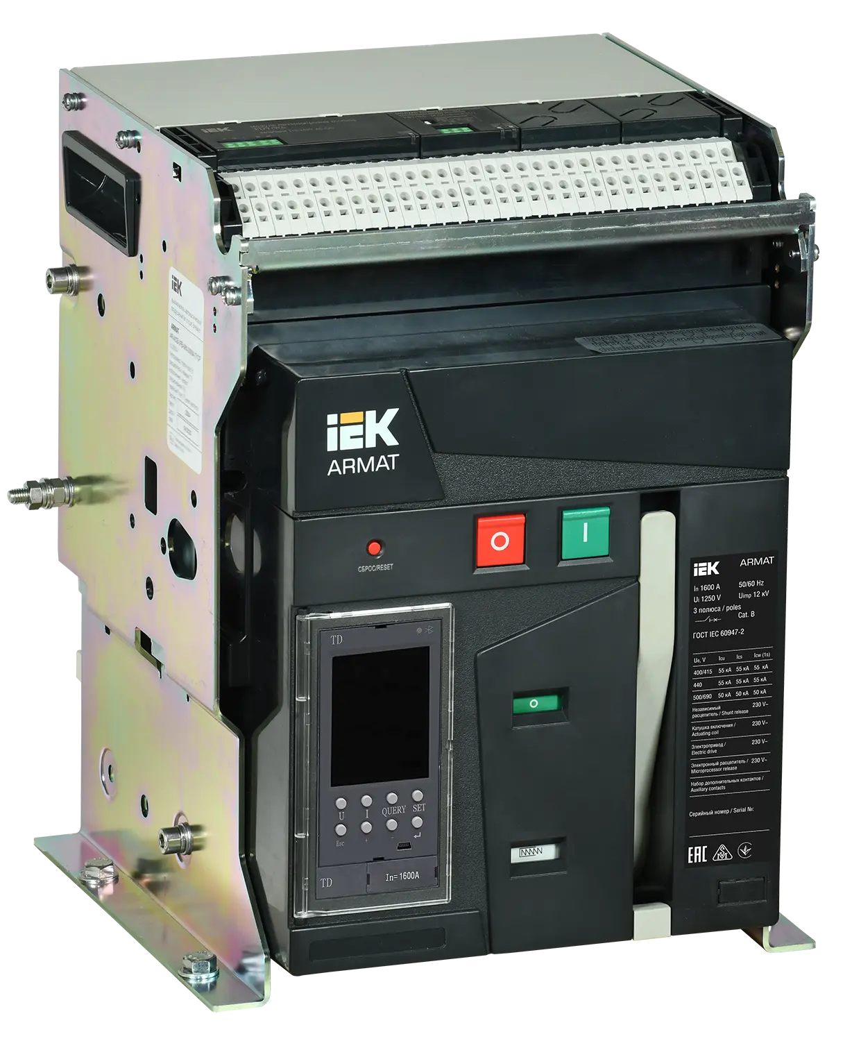 ARMAT AR-A2C TD16 3P F HR Выключатель автоматический воздушный 55кА расцепитель TD 1600А 3P стационарный с аксессуарами ~220-240В: реле отключения, реле включения, моторный привод IEK