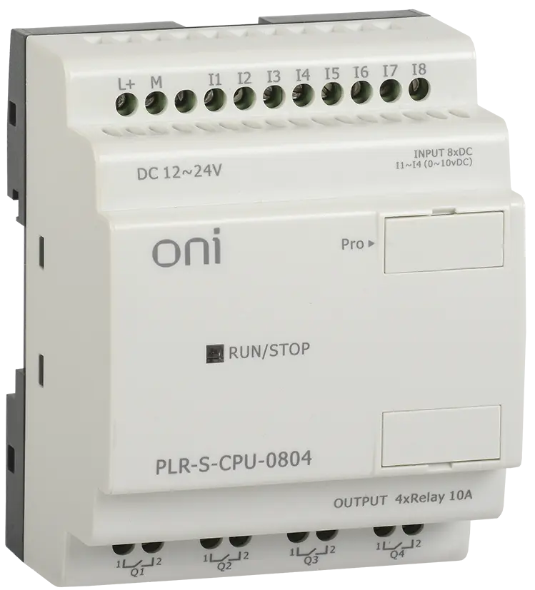 Логическое реле PLR-S. Модуль ЦПУ серии ONI c 8 каналами дискретного ввода (4 из которых могут использоваться как аналоговый ввод 0..10 В DC) и 4 каналами релейного вывода (до 10А). Встроенные RTC. До 64 программных блоков. Напряжение питания 12-24 В DC. Не расширяемое.
