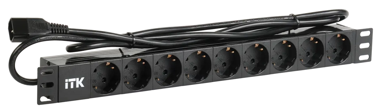 ITK PDU 9 розеток DIN49440 (нем. cтанд.) 1U, шнур 2м вилка IEC 320 C14, алюминиевый профиль, черный