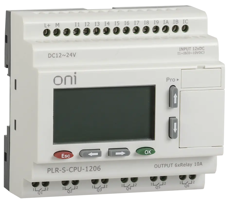 Логическое реле PLR-S. Модуль ЦПУ серии ONI c 12 каналами дискретного ввода (6 из которых могут использоваться как аналоговый ввод 0..10 В DC), 6 каналами релейного вывода (до 10А). Встроенные каналы высокоскоростного счета до 60 КГц.Встроенный дисплей. Встроенные RTC. До 1024 программных блоков. Напряжение питания 12-24 В DC. Расширяемое.