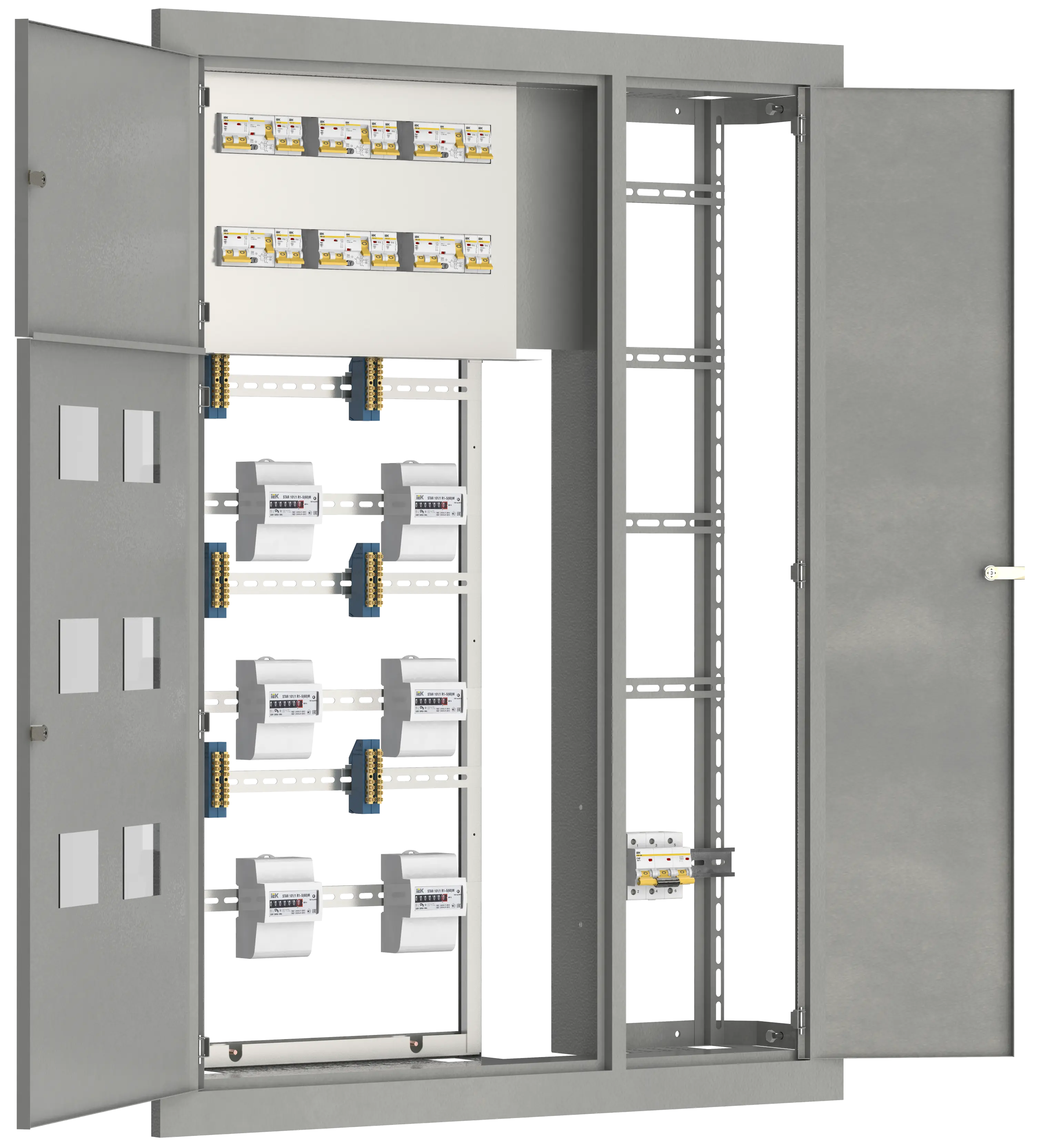 Щит этажный ЩЭ-3404 УХЛ3 с отделением для слаботочных устройств 4 квартиры отходящие на каждую квартиру УЗО 2Р 1х50А 30мА выключатели автоматические 2Р 1х40А 1Р 1х16А 2х25А IEK