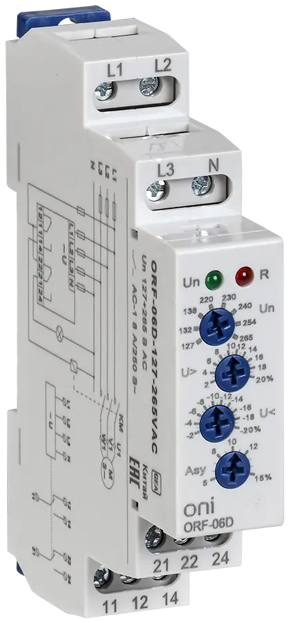 Реле контроля фаз ORF-06D 3 фазы 2 контакта 127-265В AC с контролем нейтрали ONI