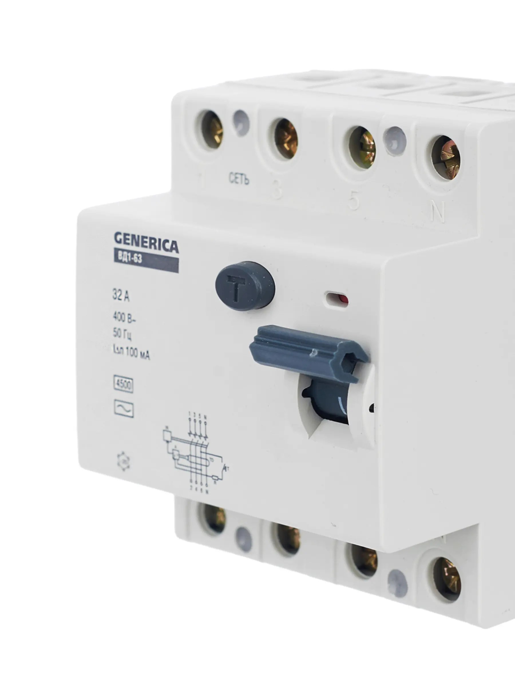 Выключатель дифференциальный (УЗО) ВД1-63 4Р 32А 100мА GENERICA