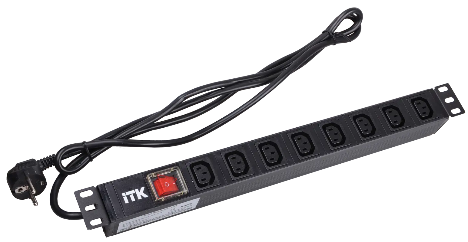 ITK PDU 8 розеток C13 с LED выключателем,1U, шнур 2м вилка нем.стандарт ITK PDU 8 розеток C13 с LED выключателем,1U, шнур 2м вилка нем.стандарт
