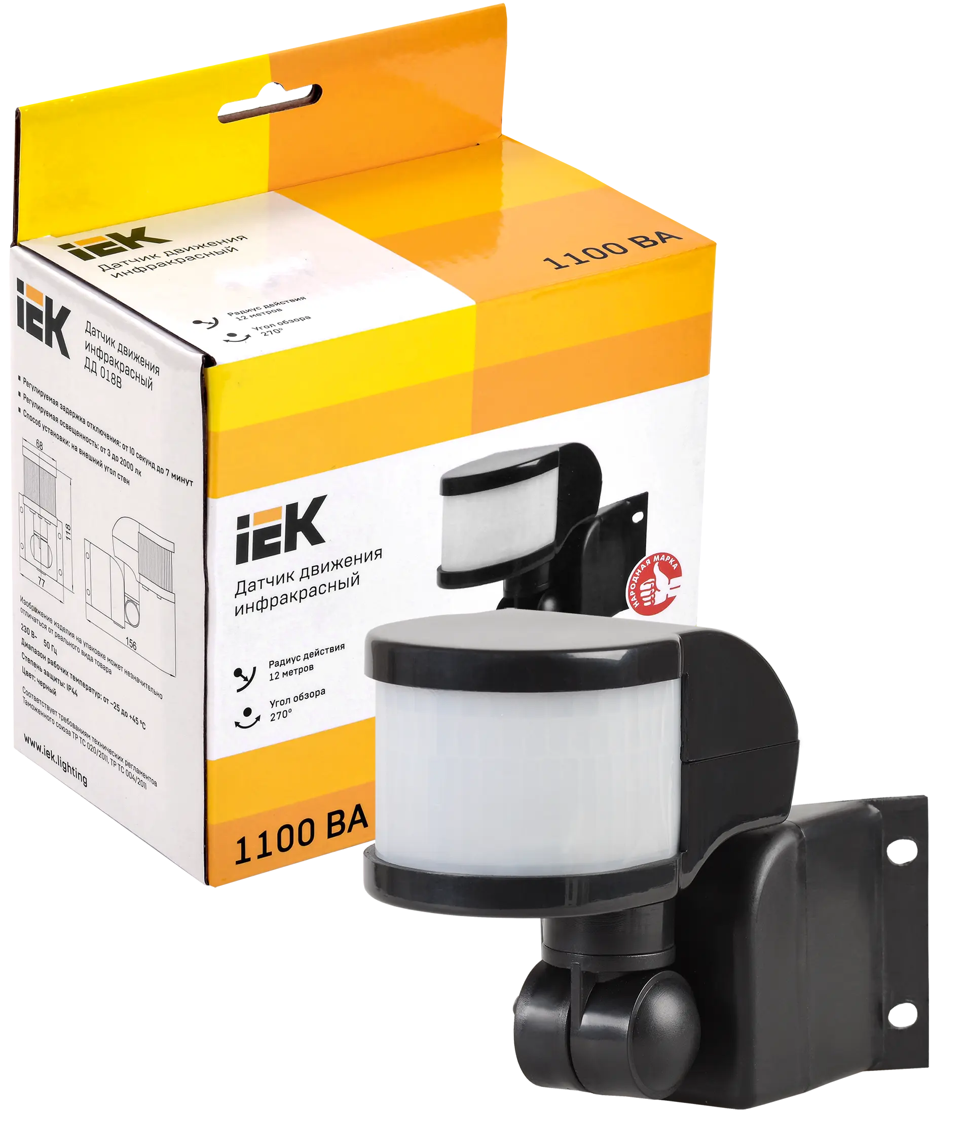 Датчик движения ДД 018В черный, макс. нагрузка 1100Вт, угол обзора 270град, дальность 12м, IP44, IEK