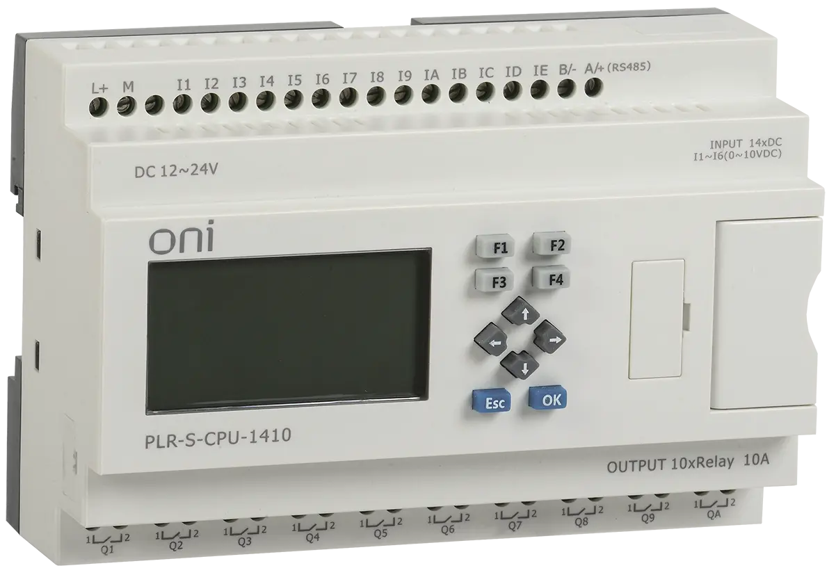 Логическое реле PLR-S. Модуль ЦПУ серии ONI c 14 каналами дискретного ввода (6 из которых могут использоваться как аналоговый ввод 0..10 В DC), 10 каналами релейного вывода (до 10А). Встроенный дисплей. Встроенные RTC. До 512 программных блоков. Встроенный RS485. Напряжение питания 12-24 В DC. Расширяемое.