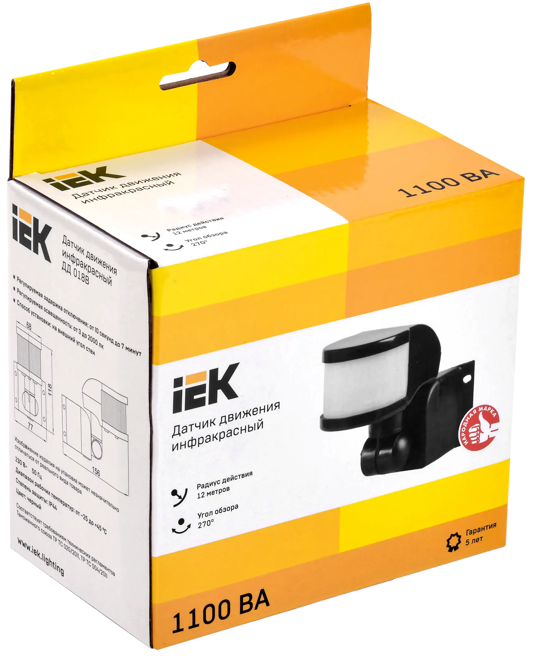 Датчик движения ДД 018В черный, макс. нагрузка 1100Вт, угол обзора 270град, дальность 12м, IP44, IEK