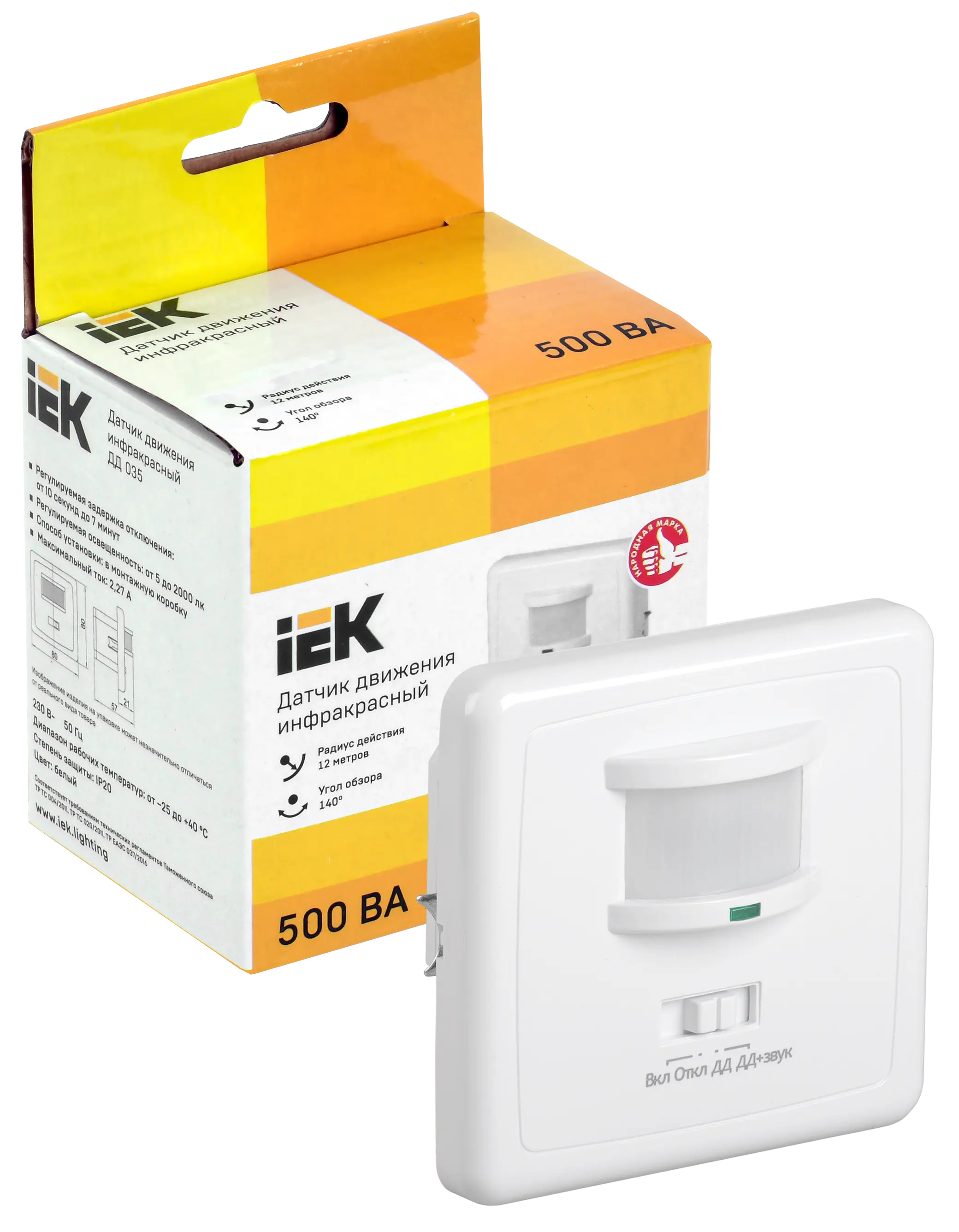 Датчик движения ДД 035 белый, макс. нагрузка 500Вт, угол обзора 140град., дальность 12м, IP20, IEK