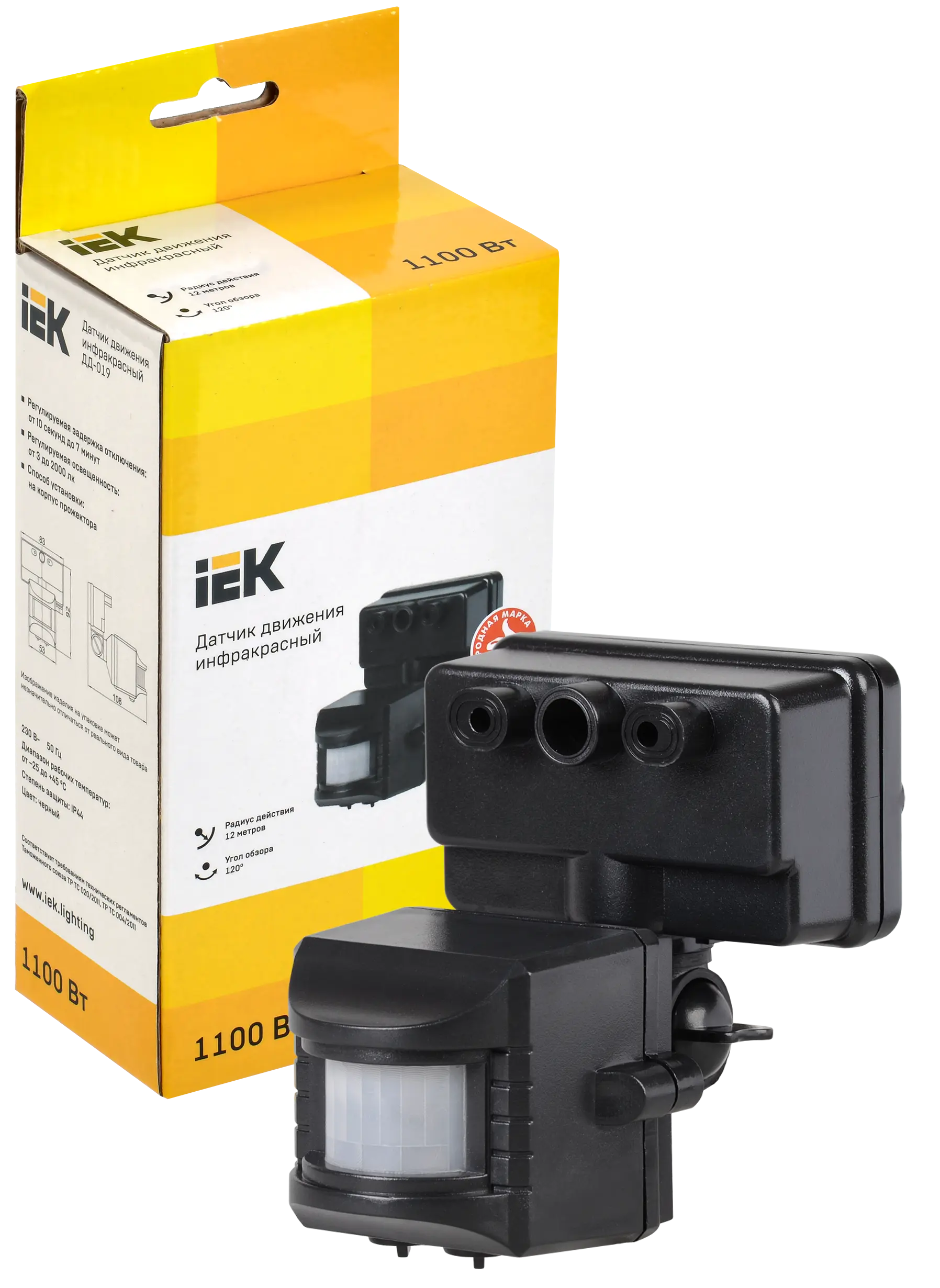 Датчик движения ДД 019 черный, макс. нагрузка 1100Вт, угол обзора 120град., дальность 12м, IP44, IEK