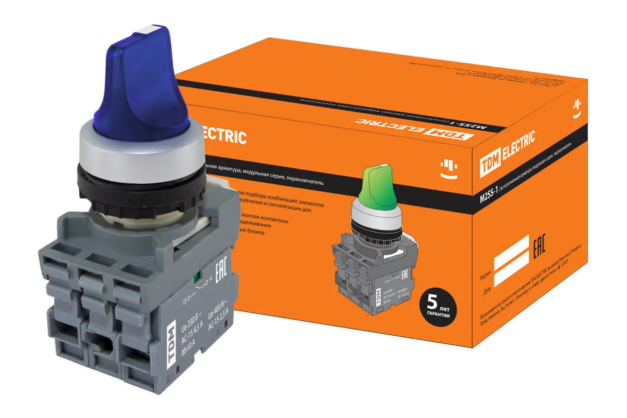 Переключатель на 2 положения с фиксацией M2SS1-21L короткая ручка(LED) d22мм/220B 1з+1р синий TDM Переключатель на 2 положения с фиксацией M2SS1-21L короткая ручка(LED) d22мм/220B 1з+1р синий TDM