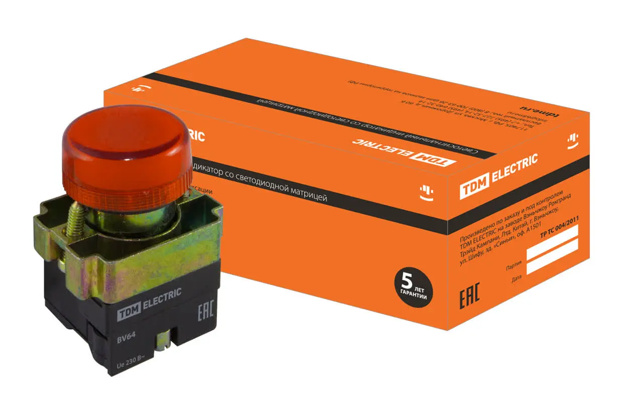 Лампа сигнальная SB2-BV64 с подсветкой 230 В LED, d22 мм, красный, IP40 TDM Лампа сигнальная SB2-BV64 с подсветкой 230 В LED, d22 мм, красный, IP40 TDM