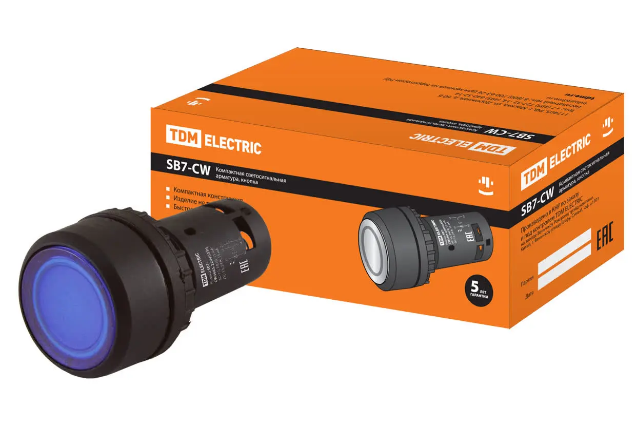 Кнопка SB7-CW3665 с возвратом, 1НО+1НЗ, d22 мм, с подсветкой 220 В LED, синяя, IP54 TDM Кнопка SB7-CW3665 с возвратом, 1НО+1НЗ, d22 мм, с подсветкой 220 В LED, синяя, IP54 TDM