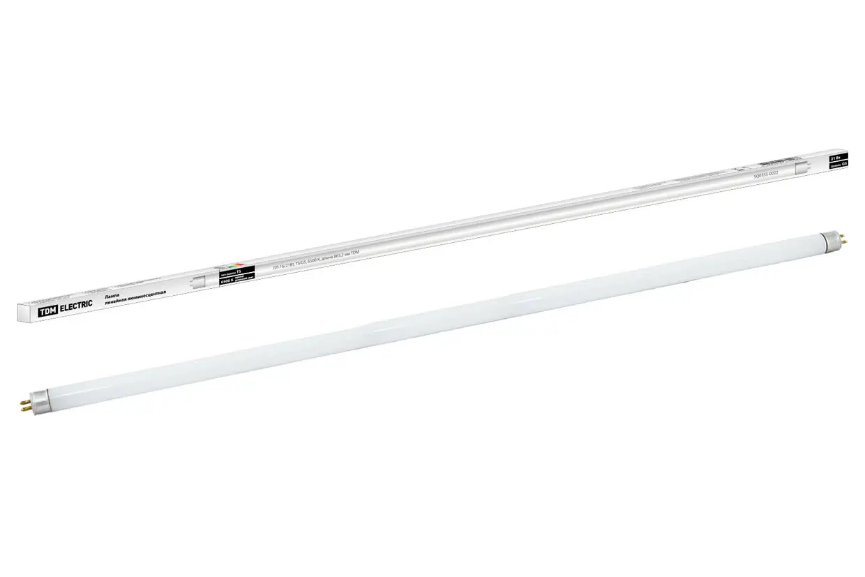Лампа люминесцентная линейная двухцокольная ЛЛ-16/21Вт, T5/G5, 6500 К, длина 863,2мм TDM Лампа люминесцентная линейная двухцокольная ЛЛ-16/21Вт, T5/G5, 6500 К, длина 863,2мм TDM