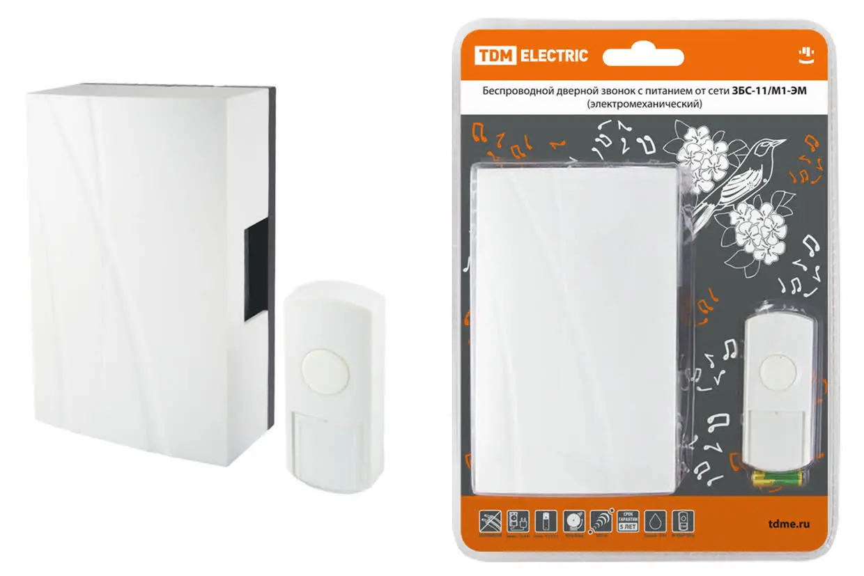 Звонок беспроводной в эл.сеть ЗБС-11/М1-ЭМ (эл.мех, кнопка IP44, AC 230V, многокодовый) TDM Звонок беспроводной в эл.сеть ЗБС-11/М1-ЭМ (эл.мех, кнопка IP44, AC 230V, многокодовый) TDM