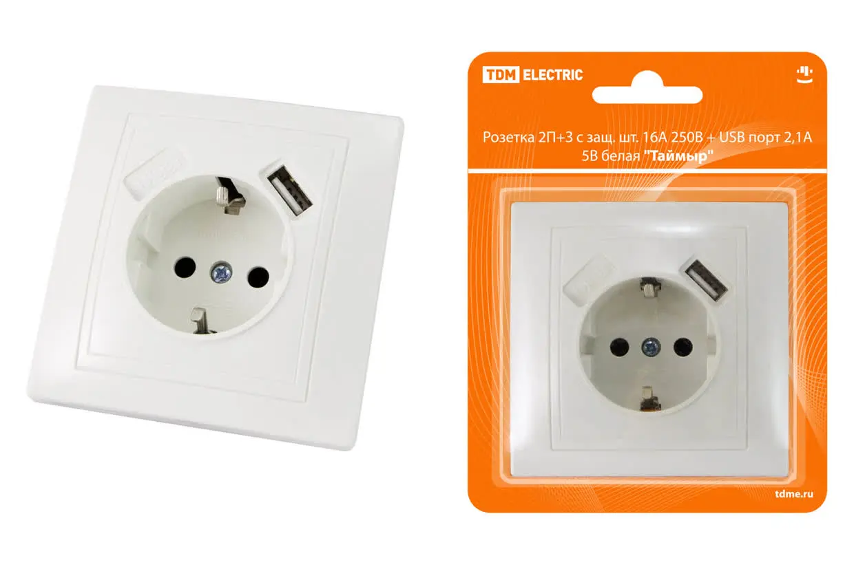 Розетка 2П+З с защ. шт. 16А 250В + USB порт 2,1А 5В белая "Таймыр" TDM Розетка 2П+З с защ. шт. 16А 250В + USB порт 2,1А 5В белая "Таймыр" TDM